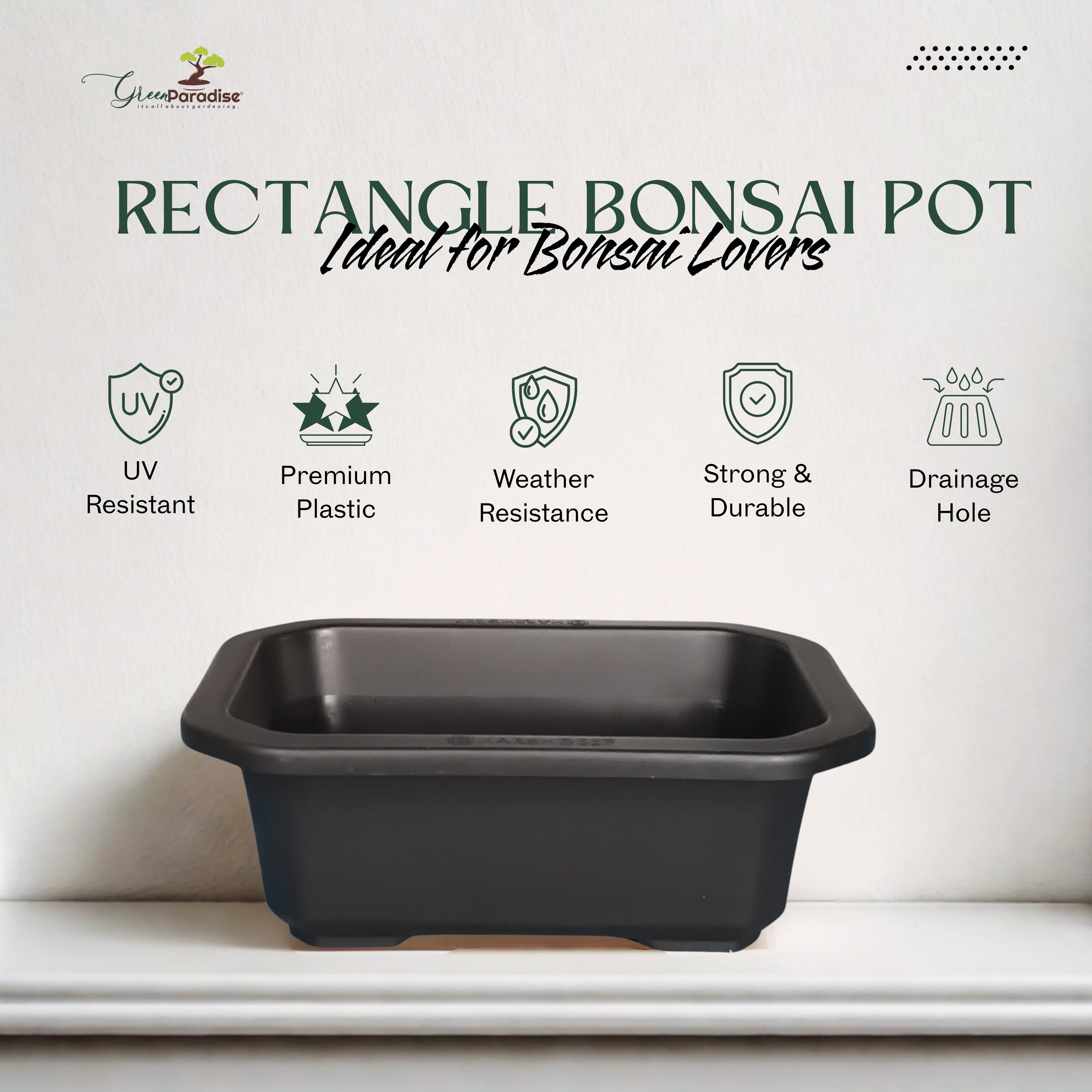 Green Paradise® Premium Black Rectangular Bonsai Pot Durable Plastic 21cm pot - Image 5