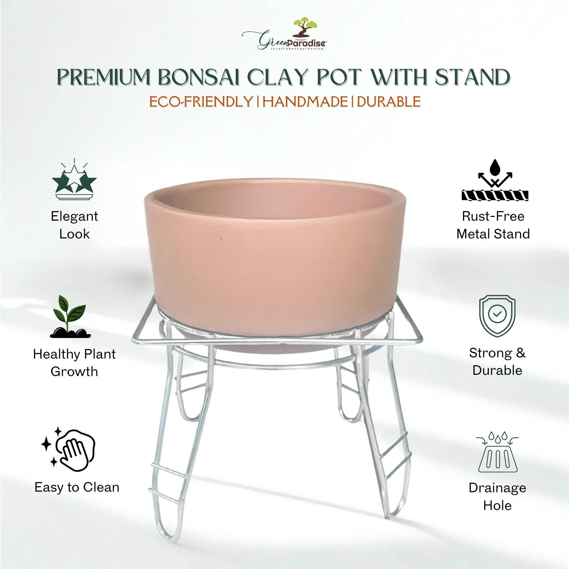 Green Paradise® Premium Bonsai Clay Pot with Stainless Steel Metal Stand – Planter for Healthy Bonsai Growth - Image 2