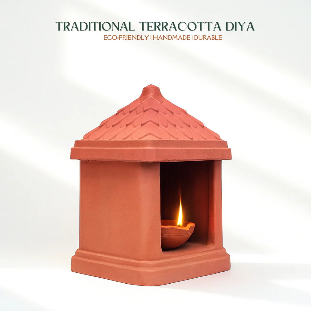 Green Paradise® Terracotta Handmade Temple Diya | Traditional Clay Diya with Stand for Puja, Home Decor & Festivals (11.5 x 7.5 cm) - Image 7